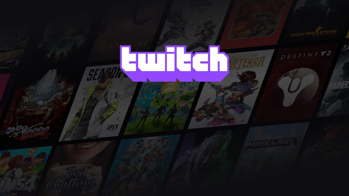 The Twitch logo against a background of games commonly streamed on the service