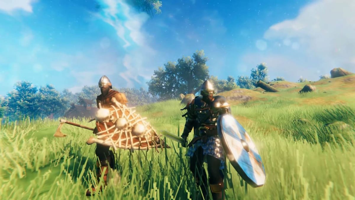 Two Viking warriors wielding melee weapons in the new Valheim update