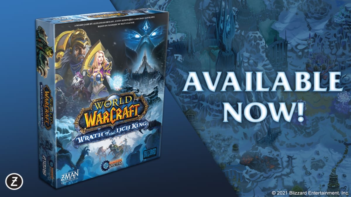 Box art of the Wrath of the Lich King board game with the words Available Now shown on the side