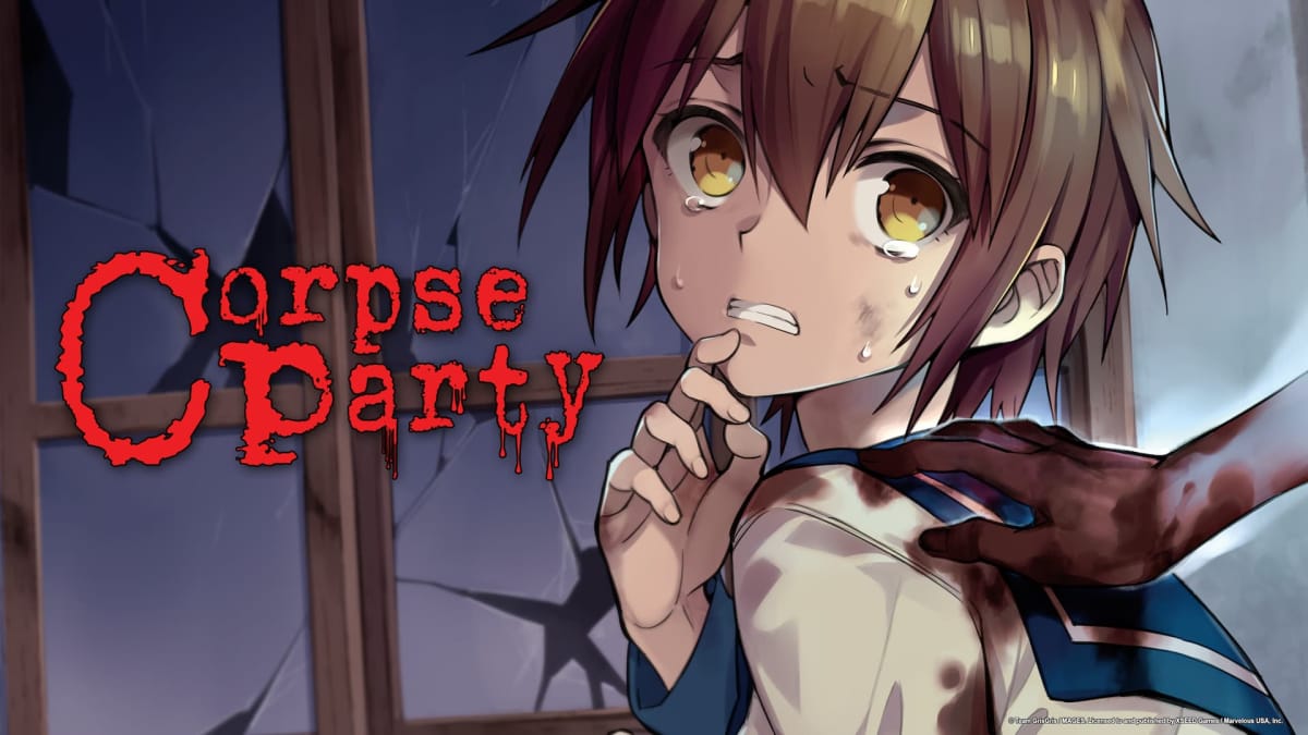 closeup of young high school girl with brown hair and teary brown eyes. to the left is the logo "corpse party"
