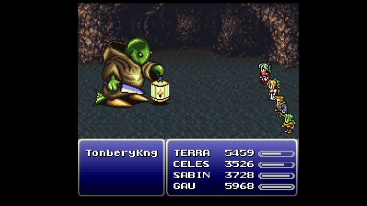 A fight with a Tonberry King in Final Fantasy VI T-Edition.