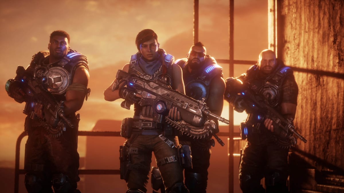 Four figures, the lead team in Gears of War 5, dressed in their desert gear,  carrying rifles with sawblade attachments, stood in front of rusted railing and rooftop, next to wall, the sun is low and sky cloudy