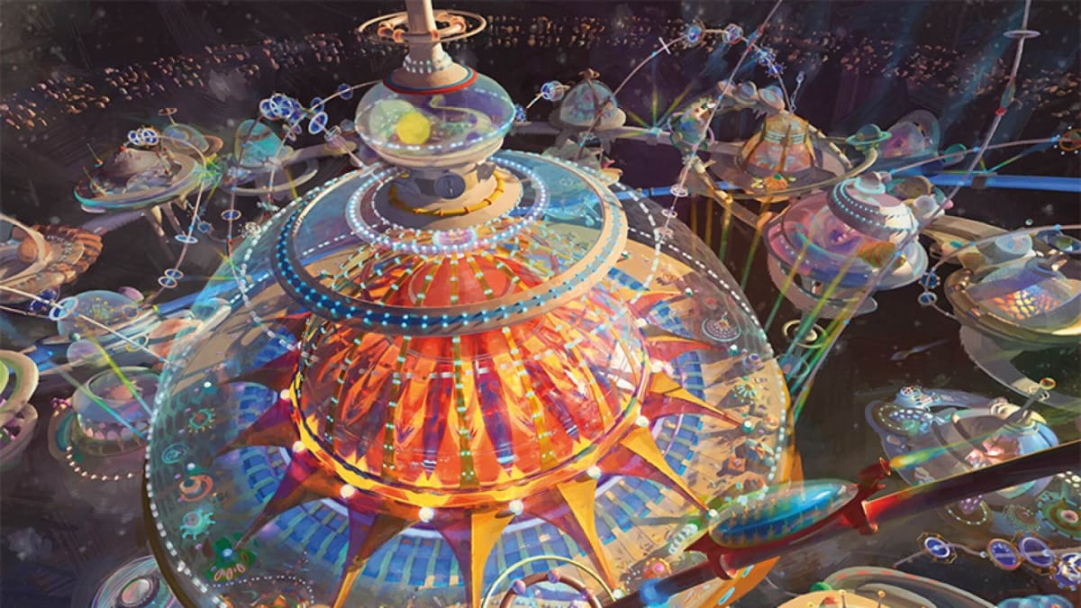 Artwork of a large space circus amusement park