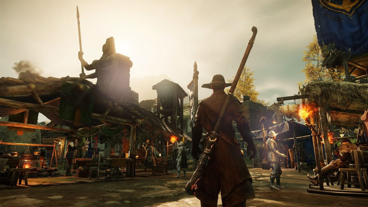 A player walking through the marketplace in New World