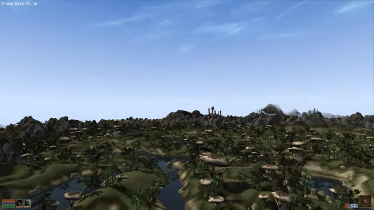 A vista of forests from Morrowind, rendered in the OpenMW engine
