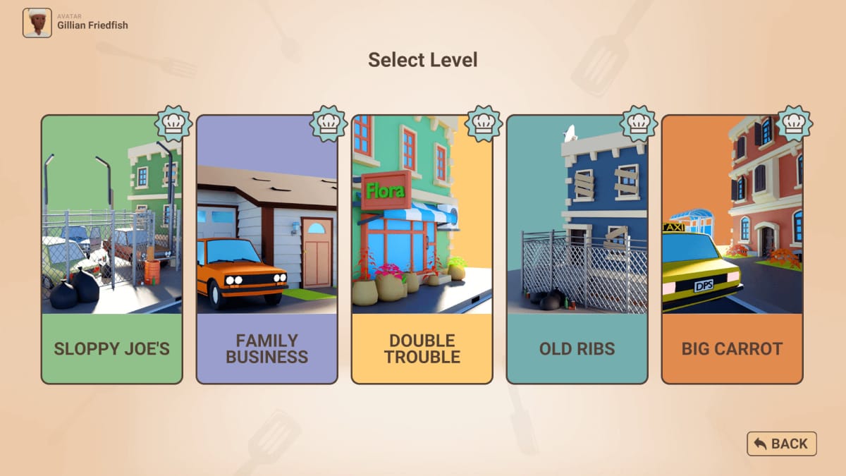 a level selector from Recipe for Disaster with 5 level cards, all are available to select and have a chef hat badge above them