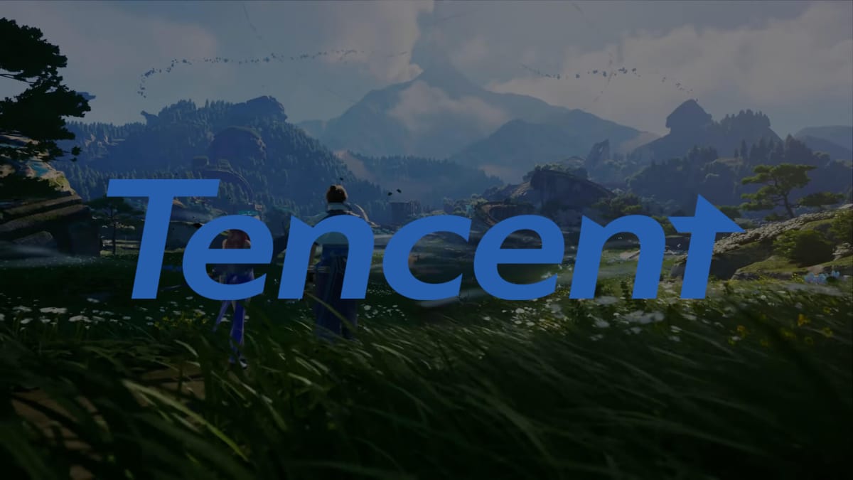 The Tencent logo over a backdrop of its game Honor of Kings: World