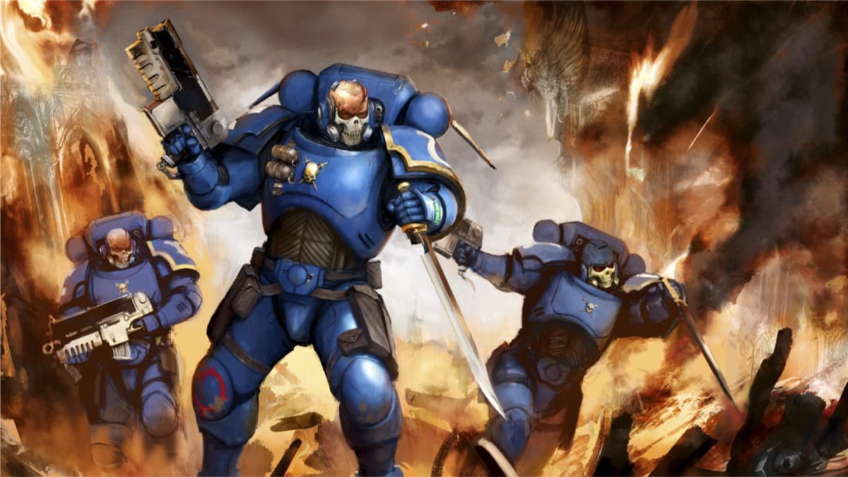 A group of Space Marines fighting through a battlefield