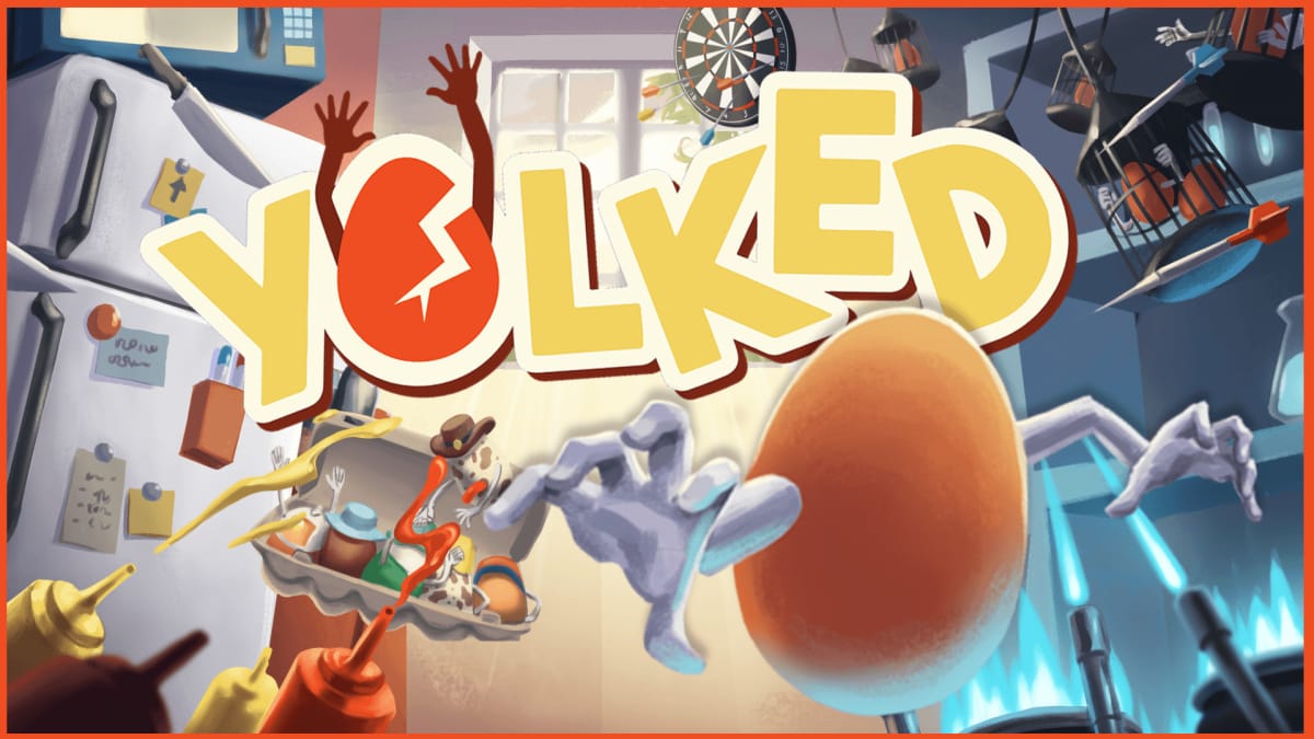 YOLKED official art, title in yellow, with cracked egg for the O, an egg with white robot arms reaches out to the foreground, propelled, in mid swing, as it flies through a kitchen which is filled with chaotic scenes. eggs in cages, gas stove fire, a cowboy hat wearing speckled egg dodging condiments, protecting a box full of eggs wearing other costumes.