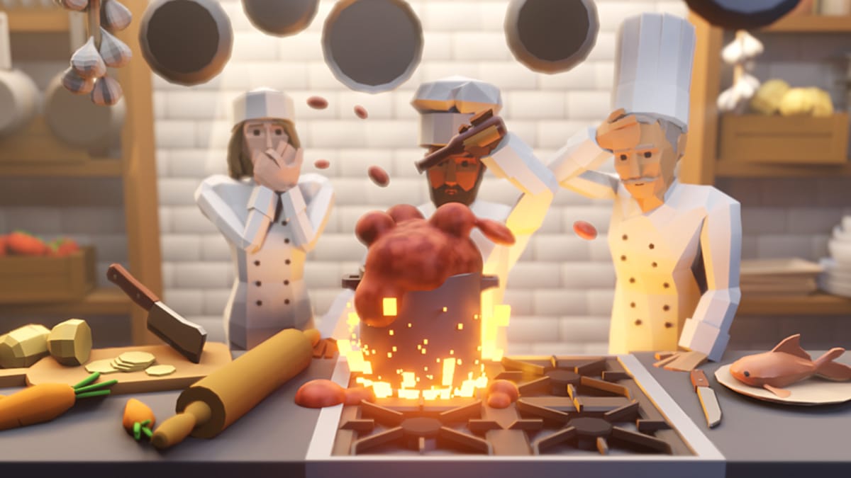 three chefs in a restaurant kitchen, one adds a sauce to a bubbling over pot on a stove with high flames, the other two stand beside them shocked