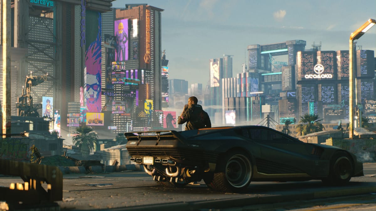 V leaning against their car in Cyberpunk 2077, developed by CD Projekt Red