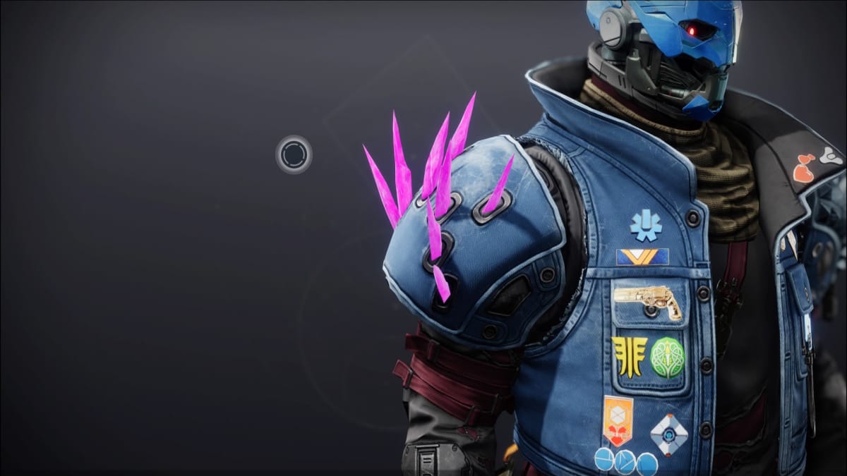 A robot wearing a denim jacket covered with pins and symbols from Bungie's history as a developer