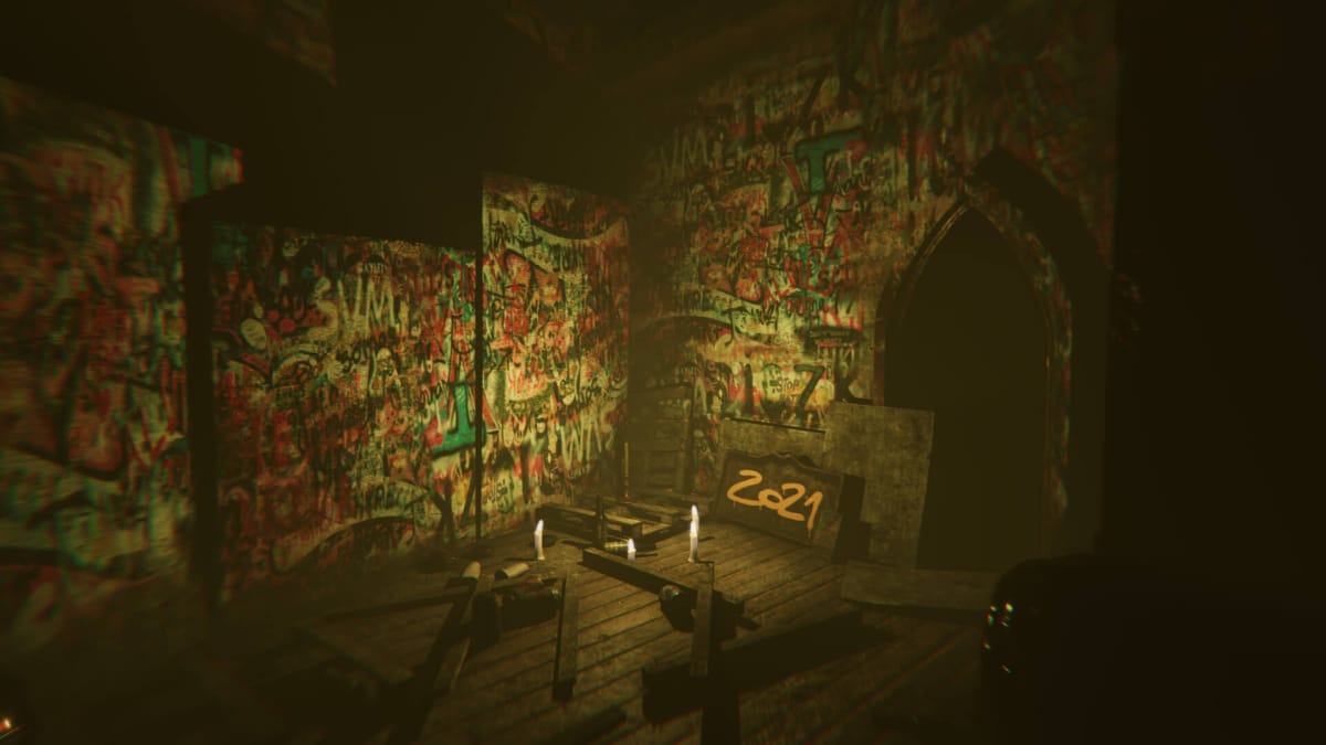 A spooky graffiti-covered room in horror game Madison