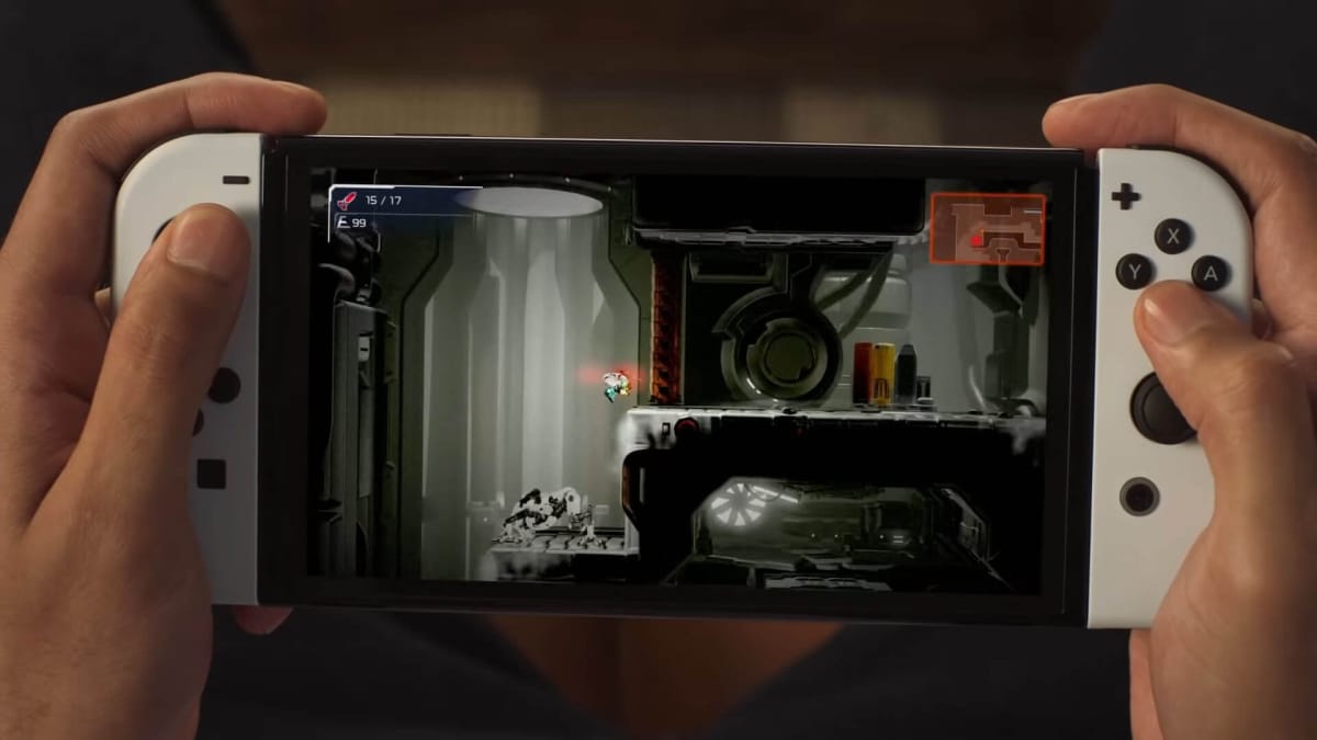 Someone playing Metroid Dread on a Nintendo Switch OLED model