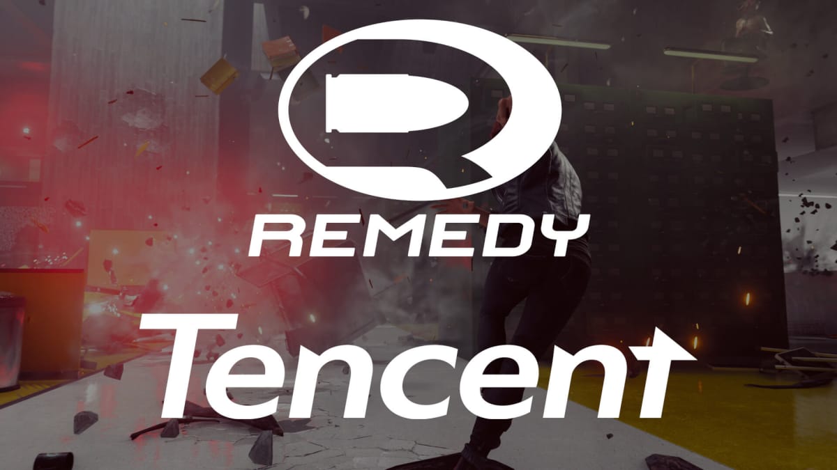 A shot of Control overlaid with Remedy and Tencent logos
