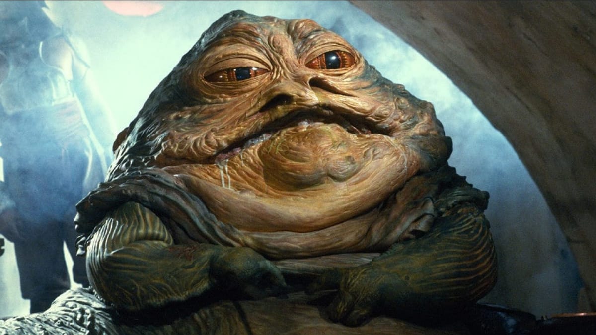 The large sluglike creature, Jabba The Hutt, from the Star Wars film series.