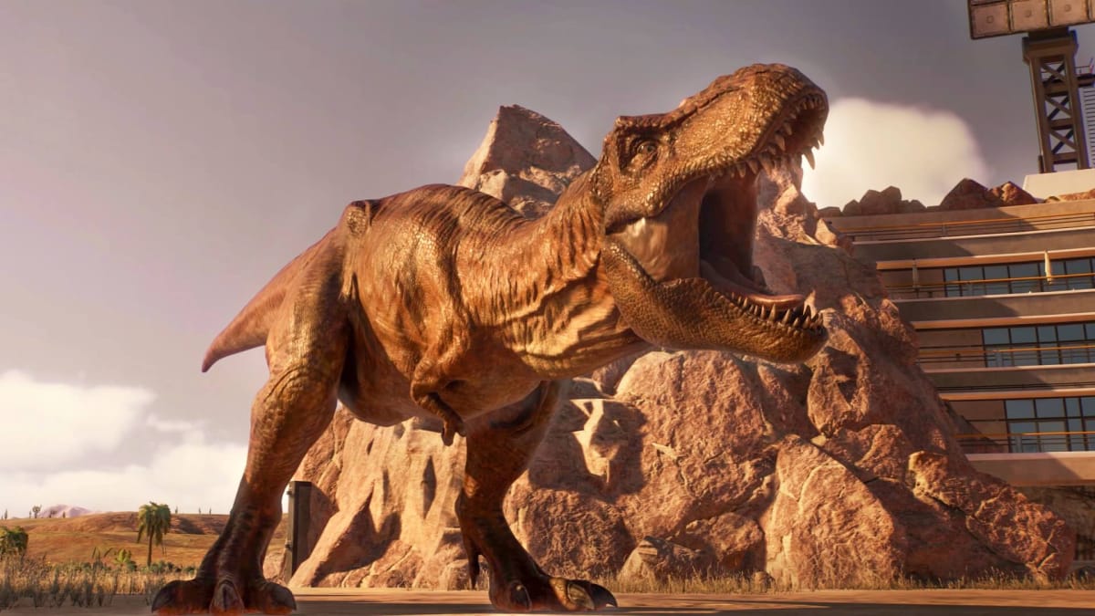 A T. rex roaring in Jurassic World Evolution 2