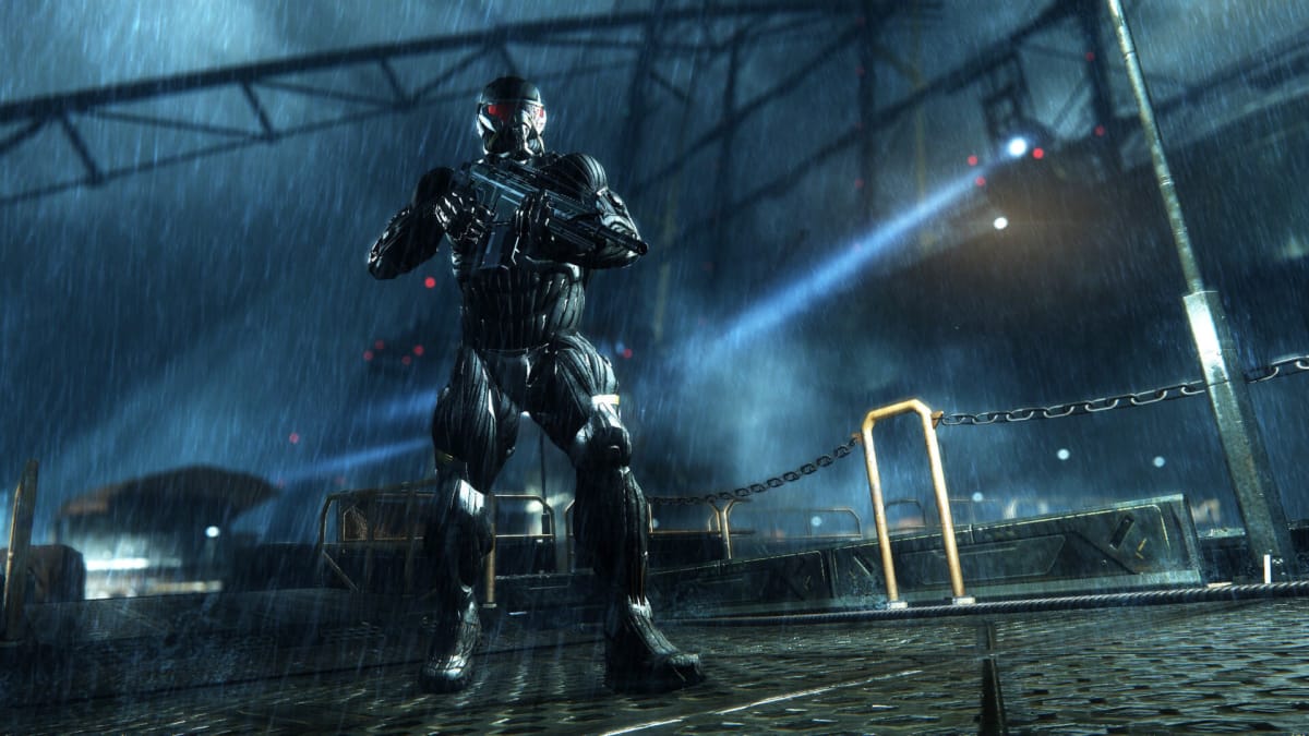 A suitably rain-swept scene in the Crysis Remastered Trilogy