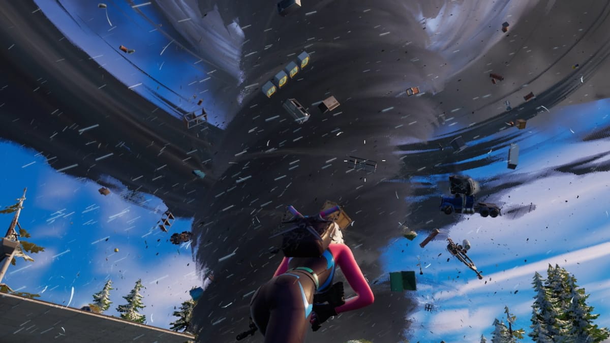 A Fortnite player staring at a tornado (representing Epic vs Apple)