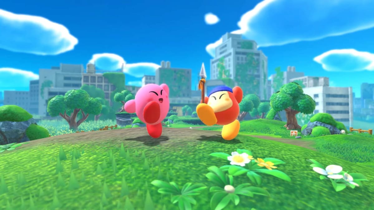 Kirby and a friend celebrating in Kirby and the Forgotten Land
