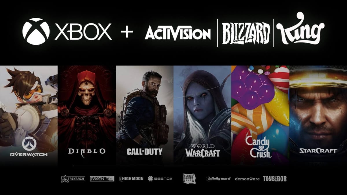 An image showing the Xbox logo and various Activision Blizzard franchises