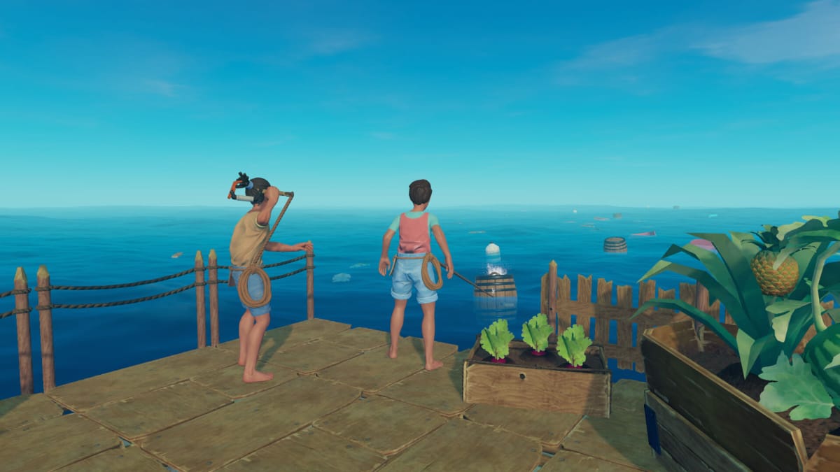 Two characters pulling items at sea in Raft