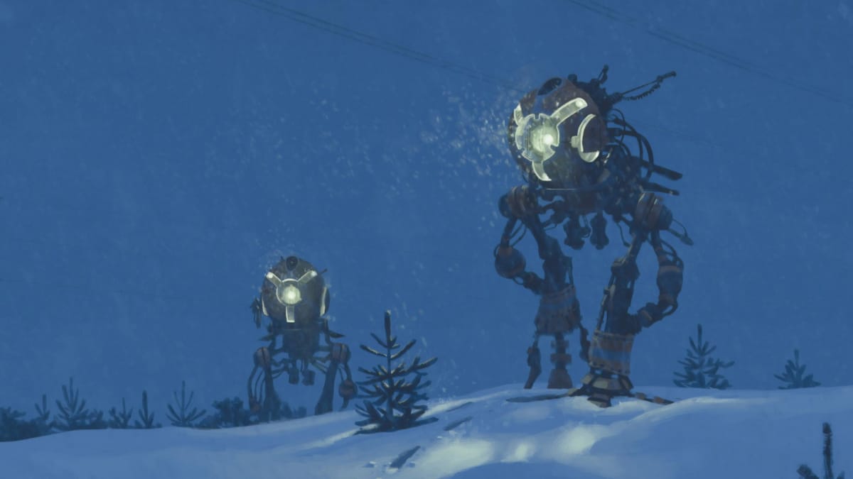 Robotic walkers illustrated by Simon Stalenhag