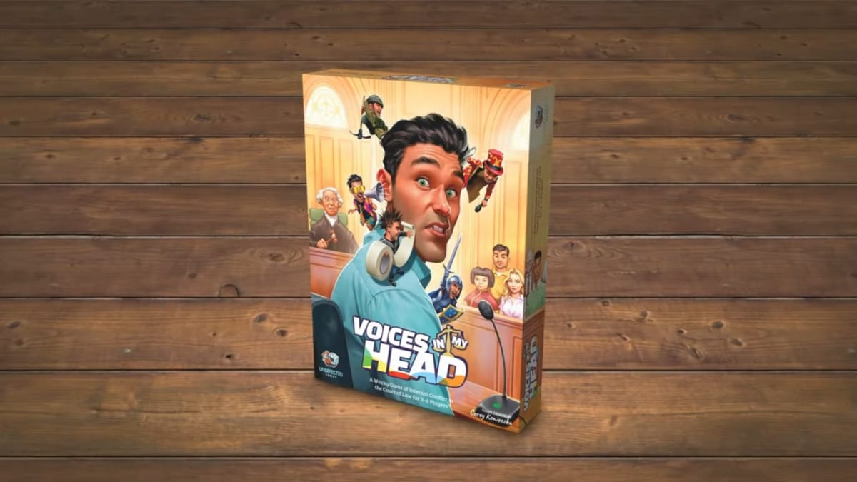 The box art for Voices In My Head, propped up on a wooden floor background