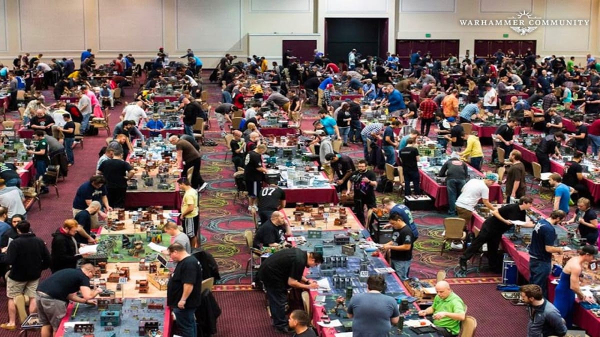 A group of game tables from the Warhammer Preview Online Las Vegas Open 2022