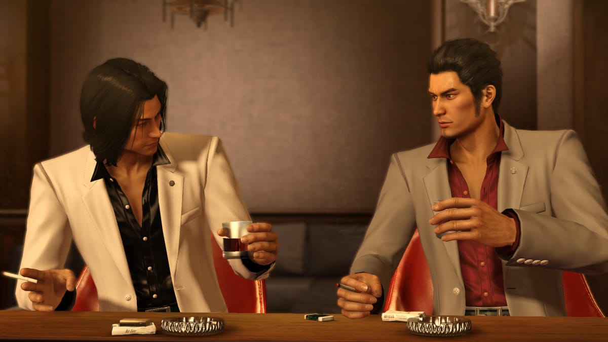 Kiryu and Nishikiyama toasting in Yakuza Kiwami, a remake of Yakuza creator (and Nagoshi Studios founder) Toshihiro Nagoshi's game Yakuza