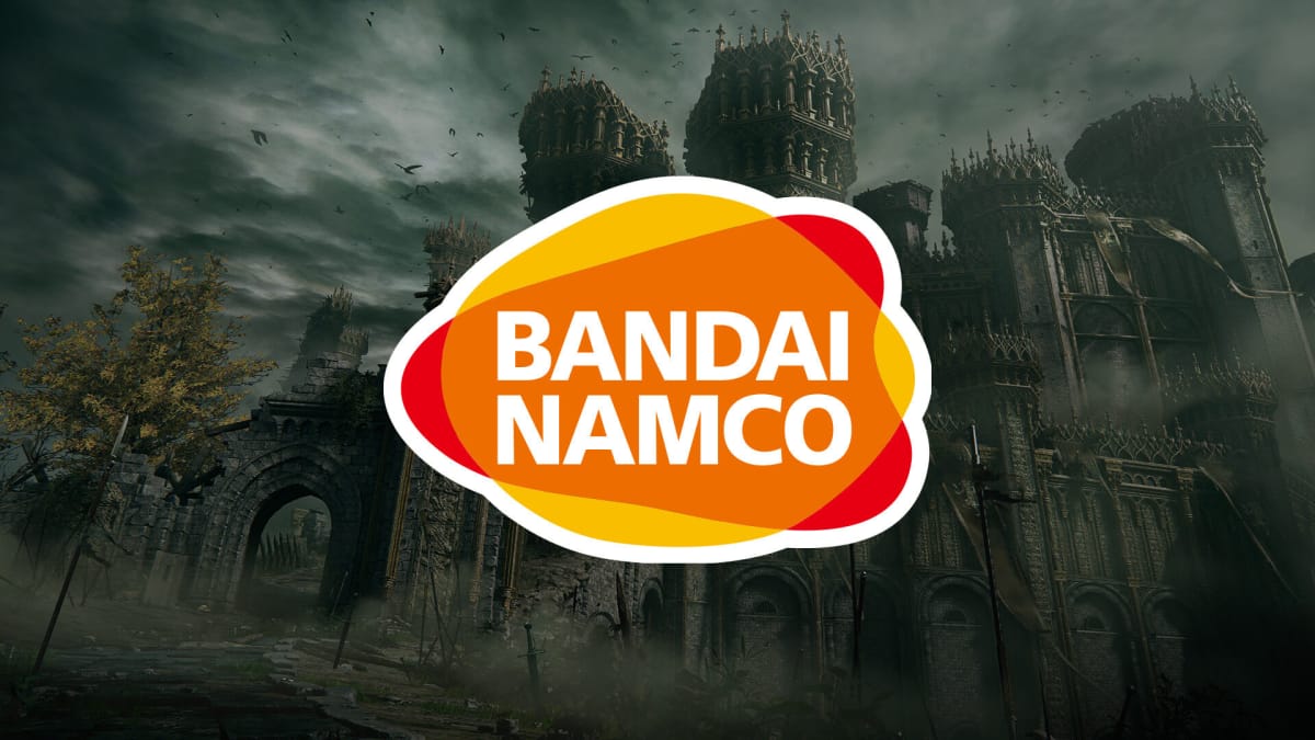 The Bandai Namco logo over a shot of Stormveil Castle from Elden Ring