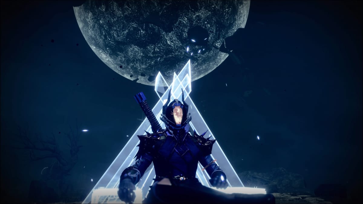 A warlock sitting in the Shattered Realms, a ball of dark energy in the background