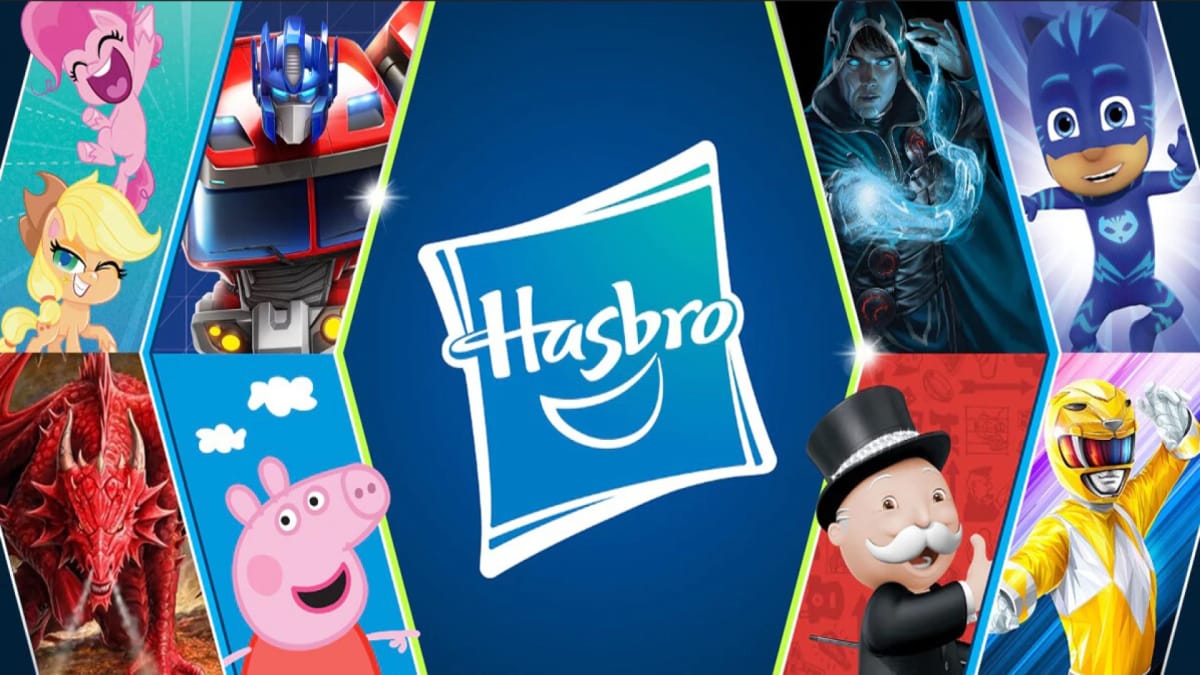 The Hasbro logo surrounded by franchise mascots from Magic, Transformers, Power Rangers, and Peppa Pig