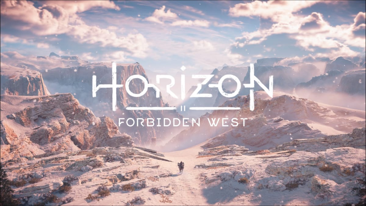The title of Horizon Forbidden West, with Aloy traveling through a snowy mountain range