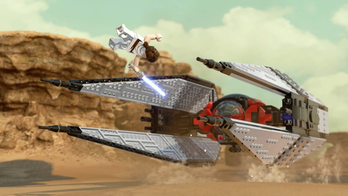 Leia leaping through the air in Lego Star Wars: The Skywalker Saga