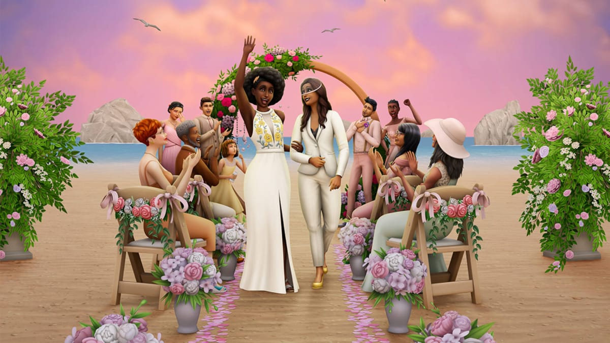 Promotional art for The Sims 4 My Wedding Stories, featuring the Sims Dominique and Camille