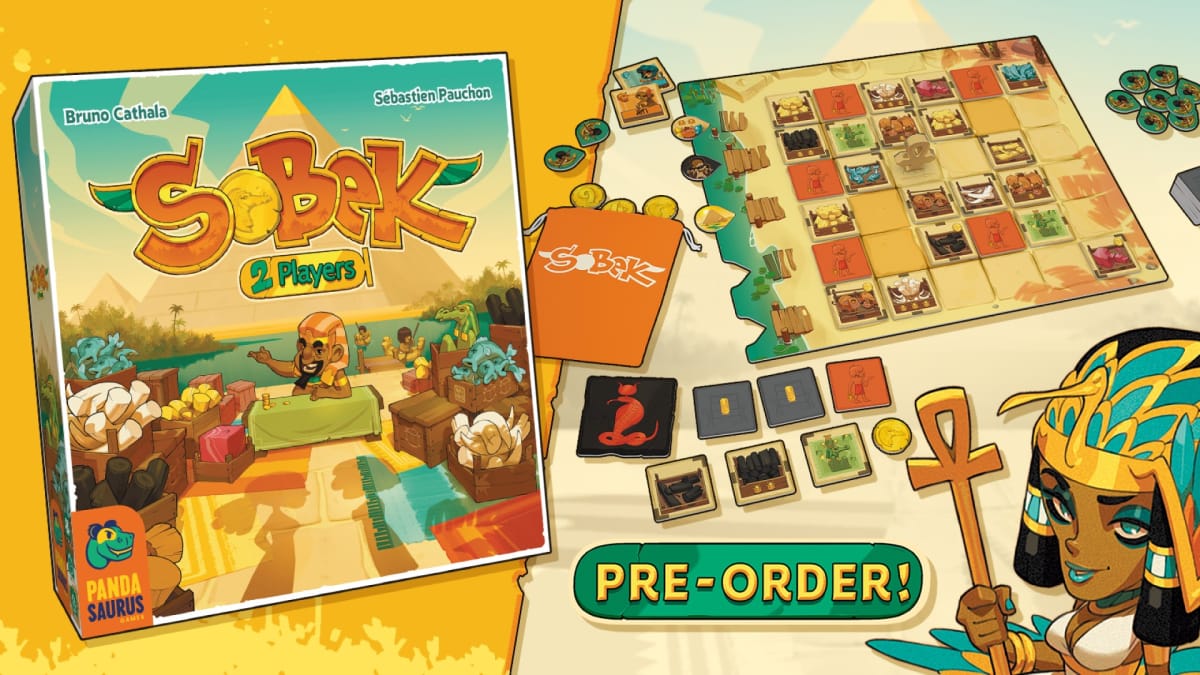 The artwork and set-up for the board game, Sobek: 2 Players