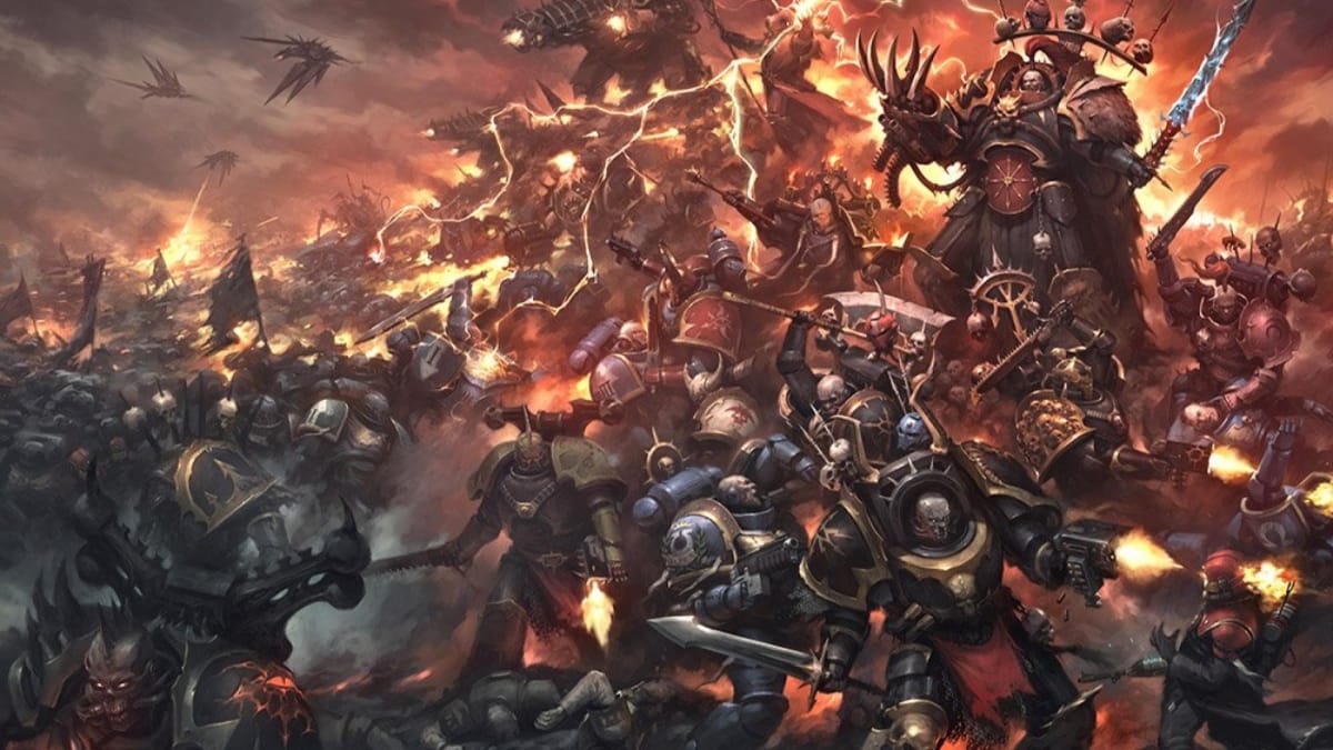 An army of Chaos Space Marines done in a painted artstyle