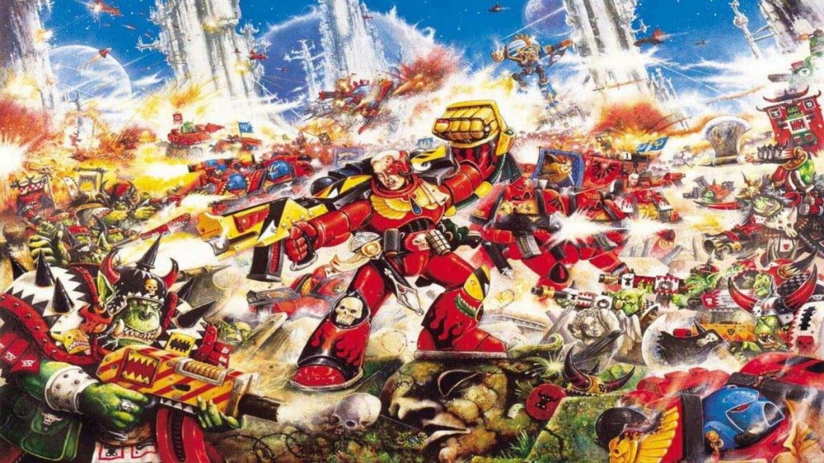 Classic Warhammer 40k art of Space Marines fighting Orks