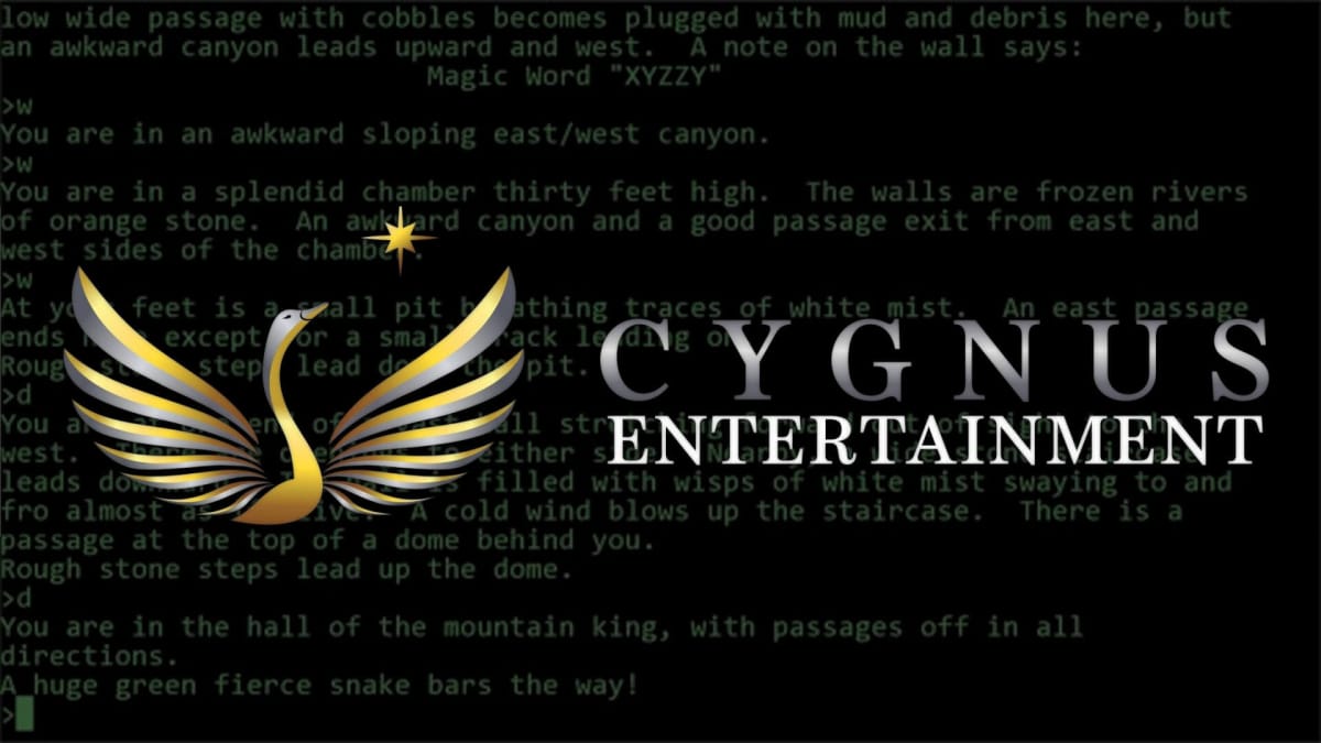 The Cygnus Entertainment logo overlaid on text from Colossal Cave Adventure
