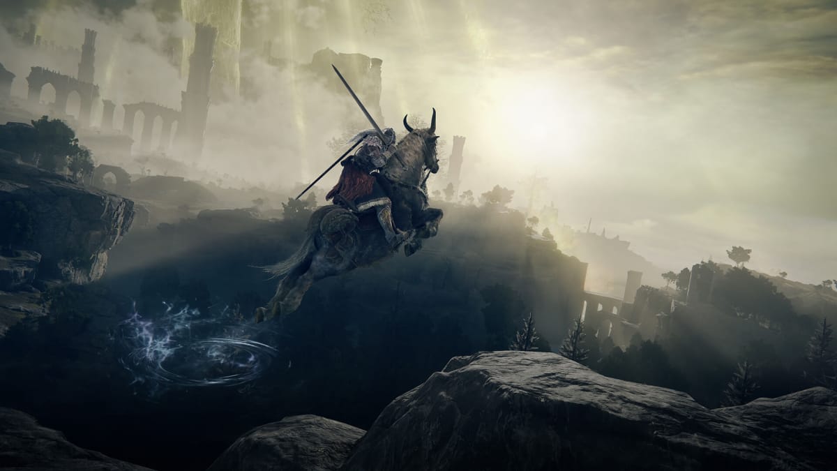The player leaping across a chasm on Torrent in Elden Ring