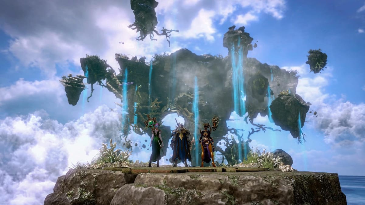 Three characters looking out on a floating continent in Lost Ark