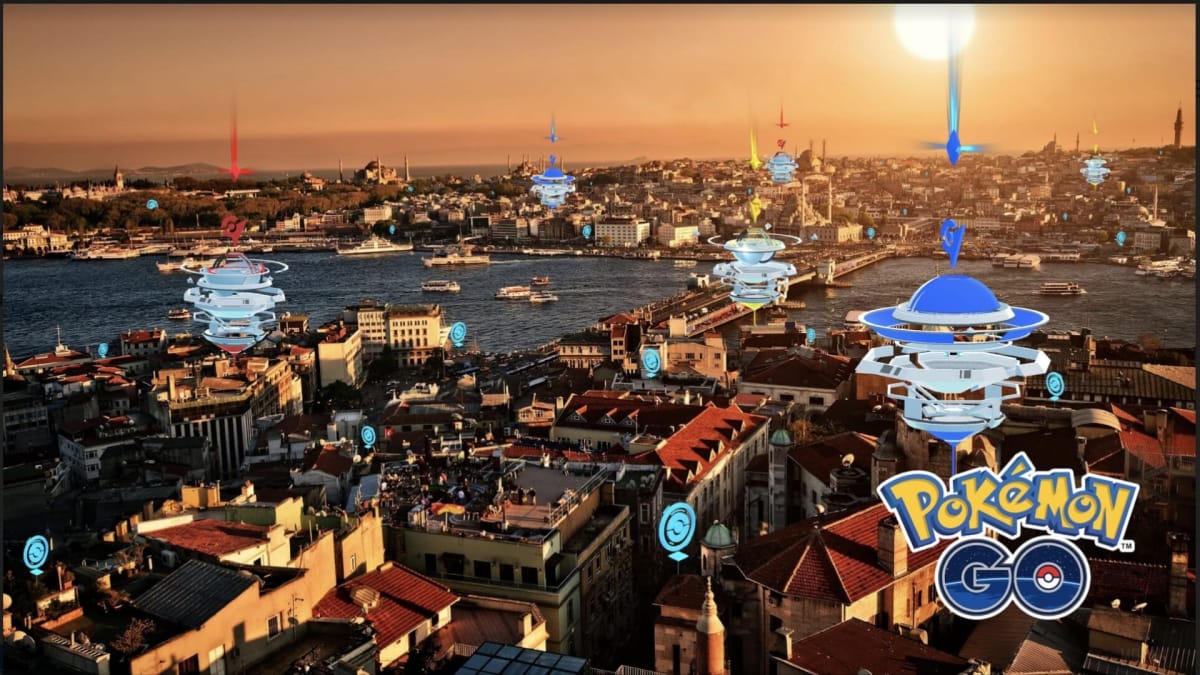The Pokemon Go logo over a cityscape