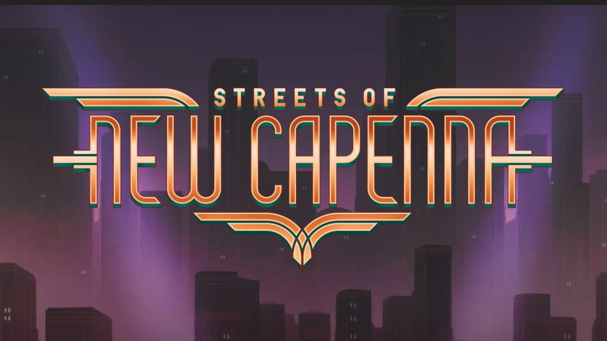 The text of Streets of New Capenna set in front of a cityscape