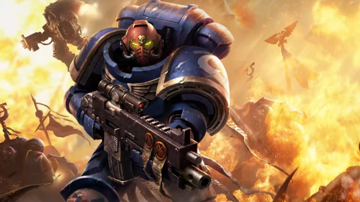 A Space marine in front of an explosion