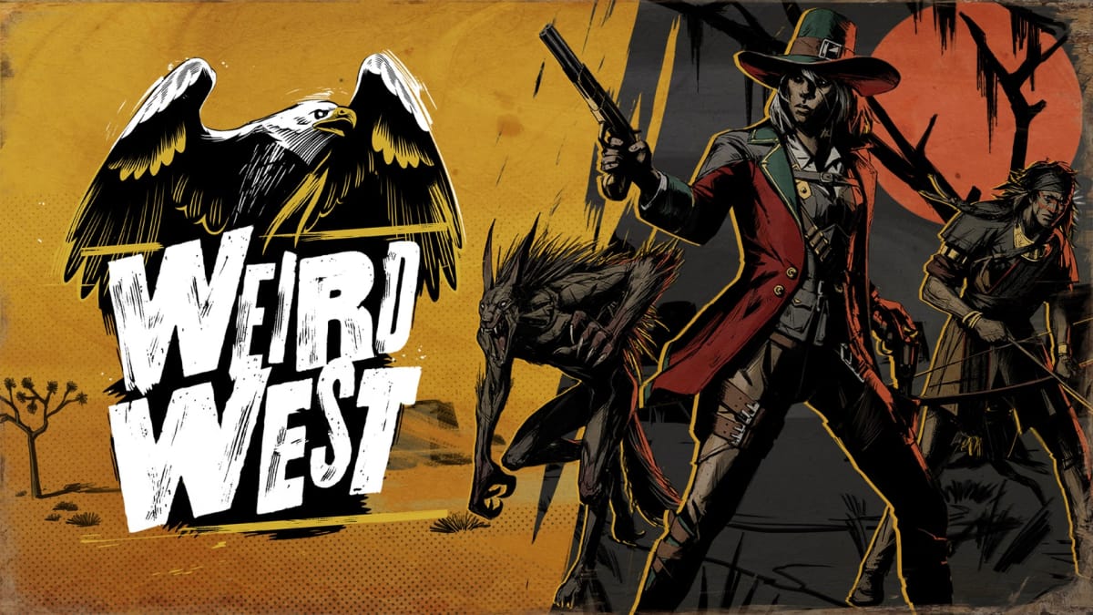 A bounty hunter, a native, and a werewolf, standing next to the Weird West logo