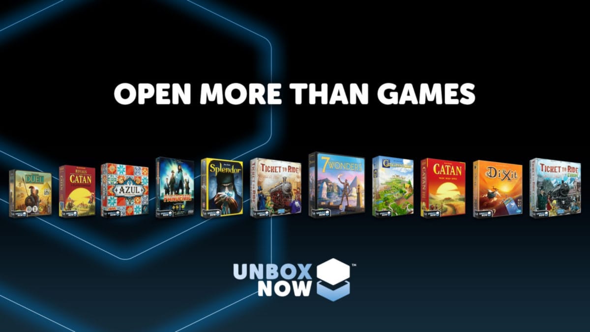 A collection of board games with the label Unbox Now shown below