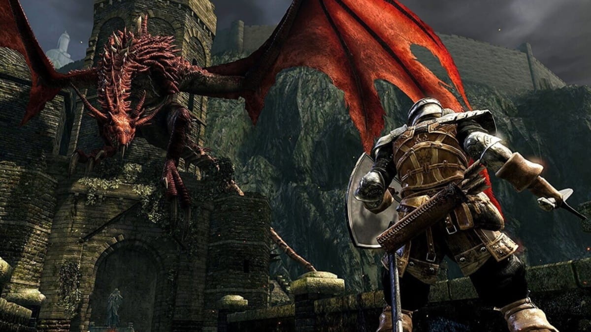 A giant red dragon towering over a night in the RPG, Dark Souls