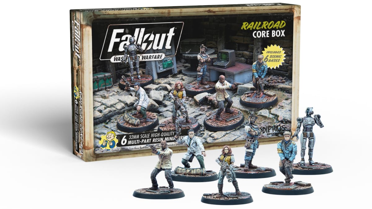A box layout of miniatures found in Fallout: Wasteland Warfare's Gunner Core Set