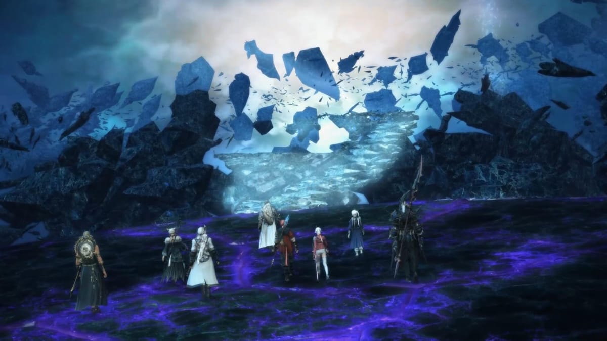 The Scions staring at a shattered crystal road in Final Fantasy XIV: Endwalker